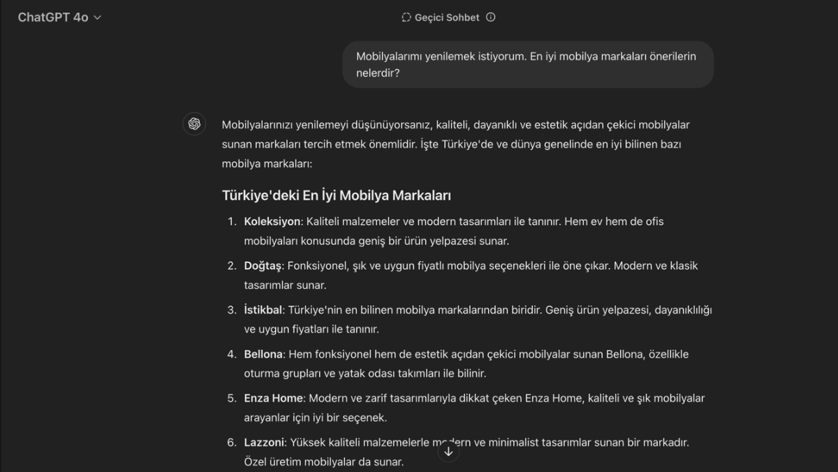 chatgpt iyi mobilya markalari